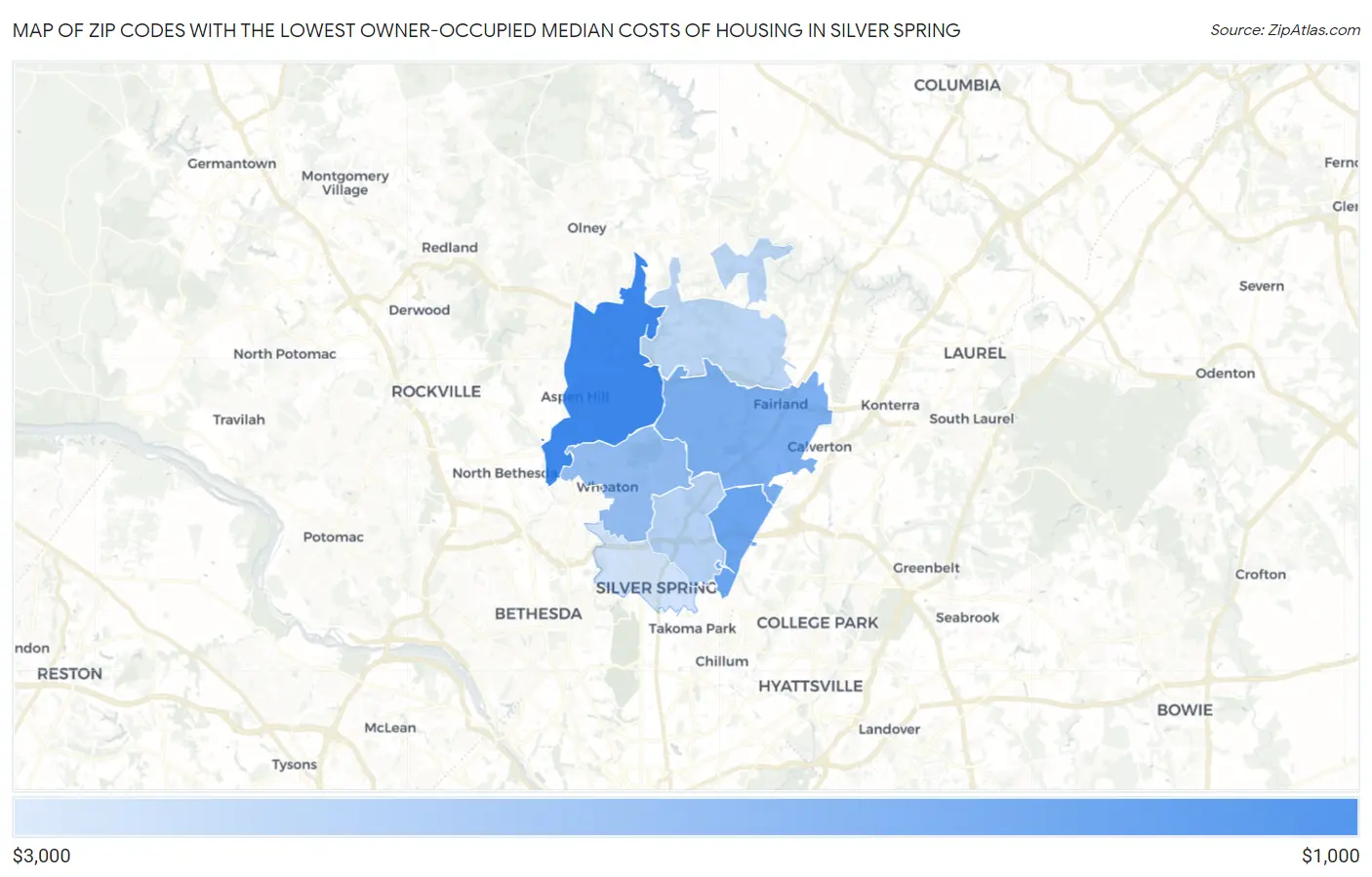 Zip Codes with the Lowest Owner-Occupied Median Costs of Housing in Silver Spring Map