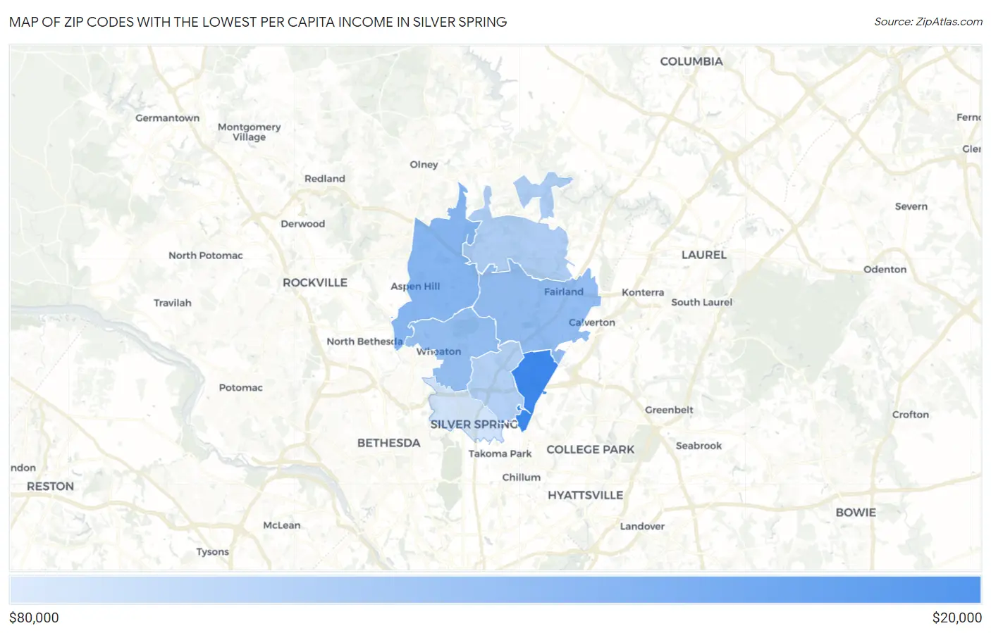 Zip Codes with the Lowest Per Capita Income in Silver Spring Map