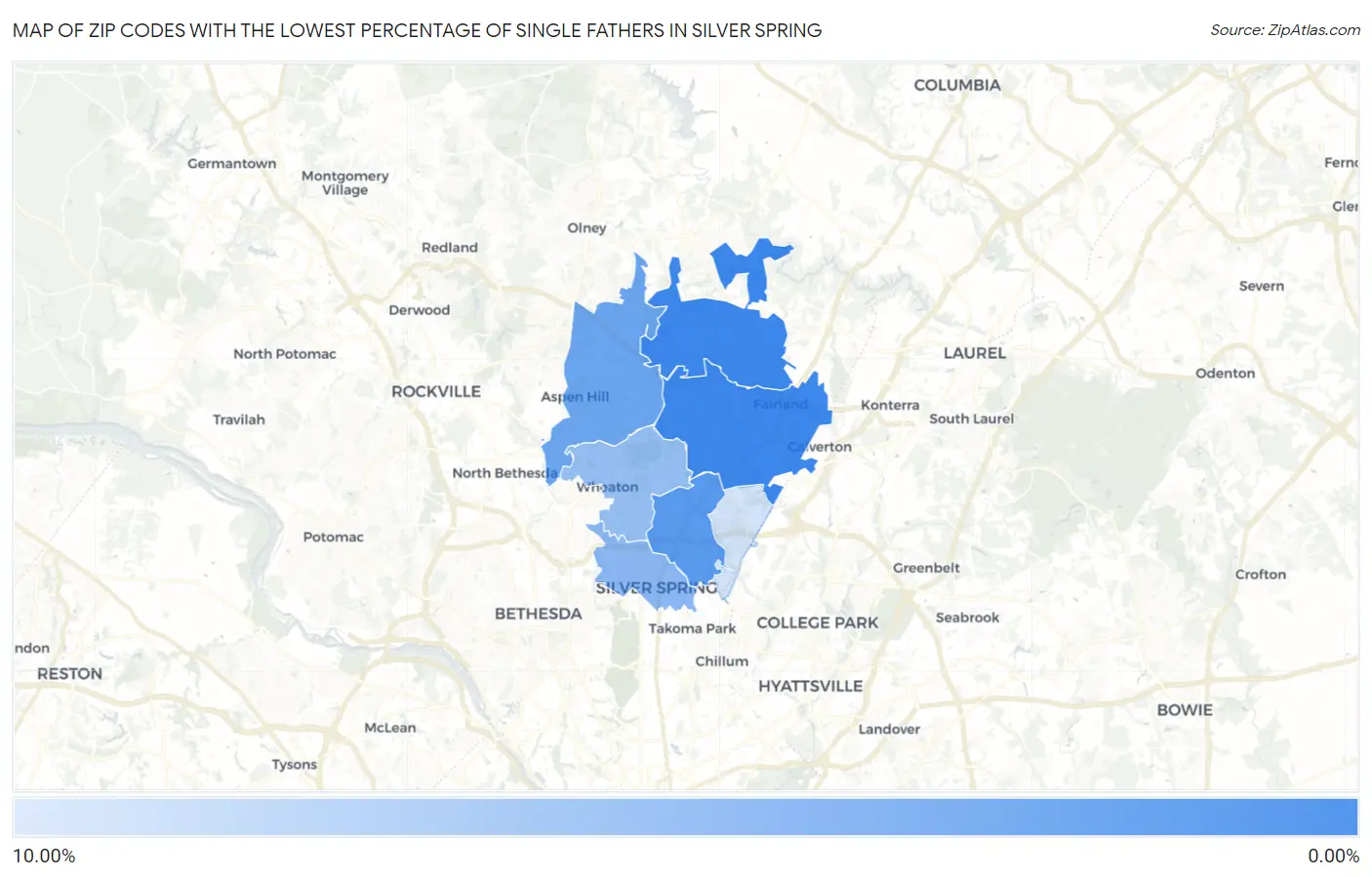 Zip Codes with the Lowest Percentage of Single Fathers in Silver Spring Map