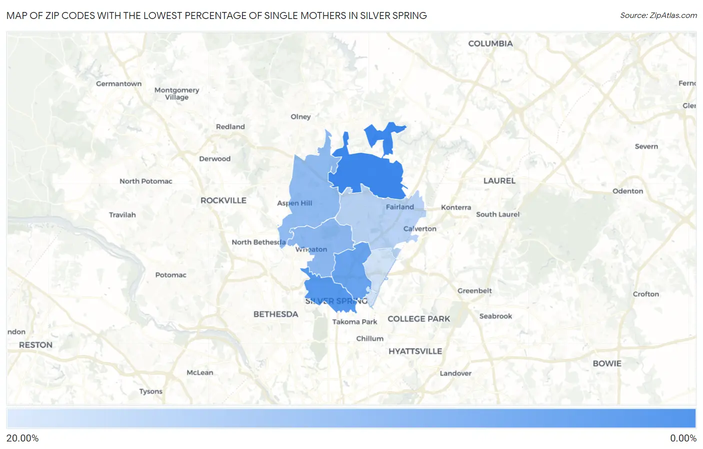 Zip Codes with the Lowest Percentage of Single Mothers in Silver Spring Map