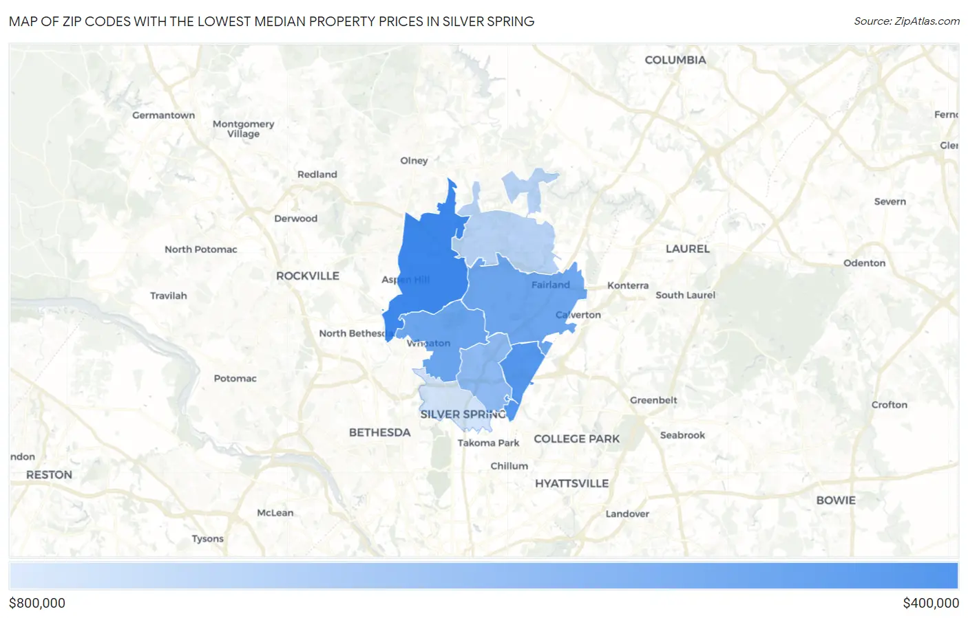 Zip Codes with the Lowest Median Property Prices in Silver Spring Map