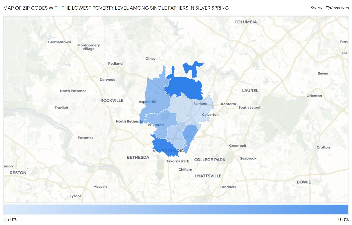 Zip Codes with the Lowest Poverty Level Among Single Fathers in Silver Spring Map