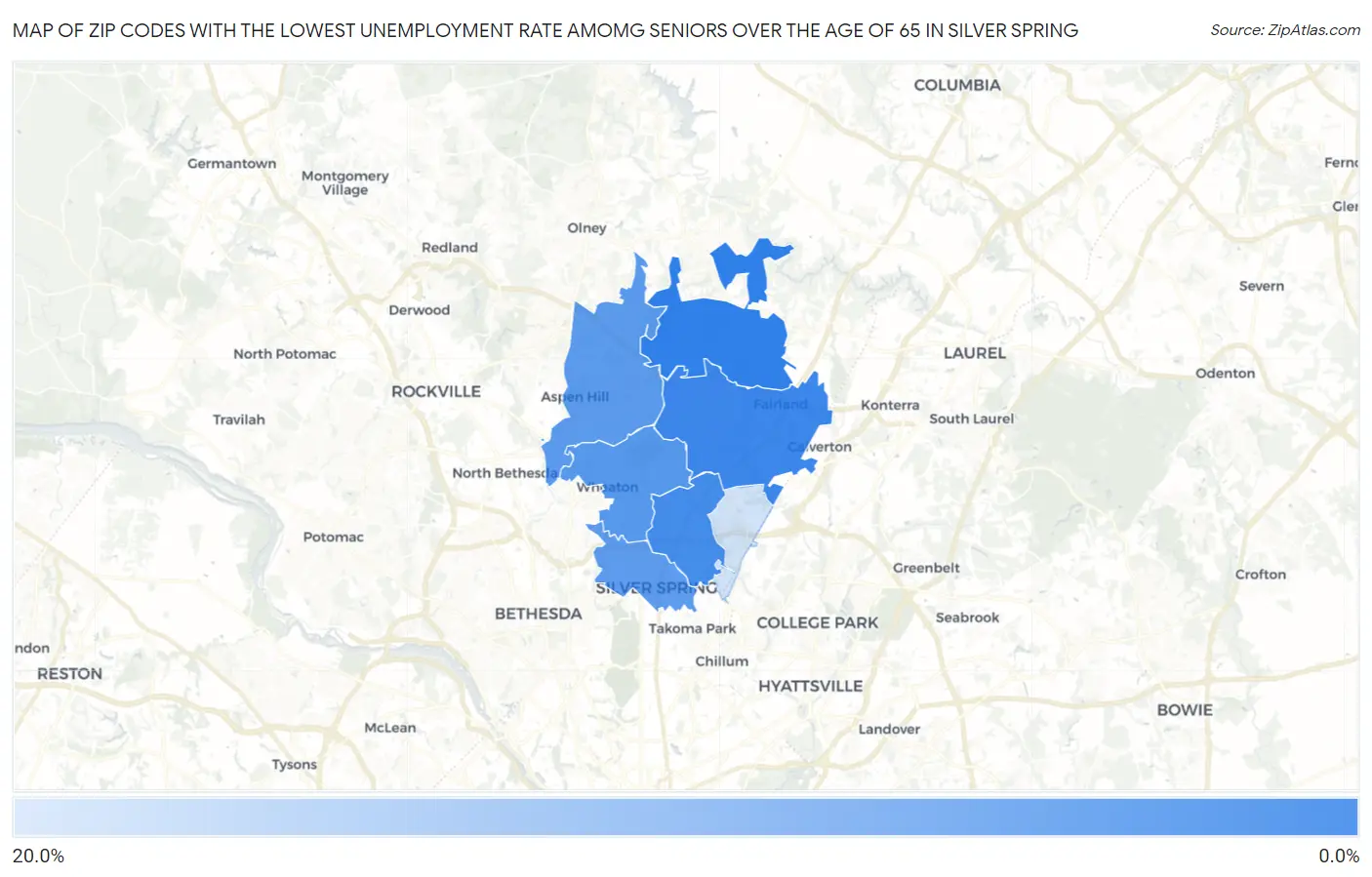 Zip Codes with the Lowest Unemployment Rate Amomg Seniors Over the Age of 65 in Silver Spring Map