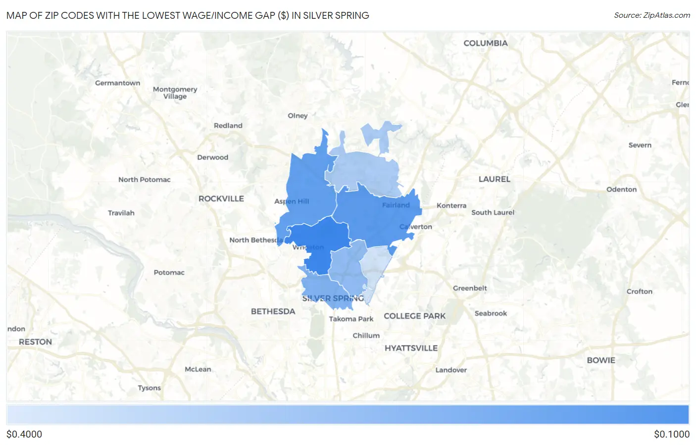 Zip Codes with the Lowest Wage/Income Gap ($) in Silver Spring Map