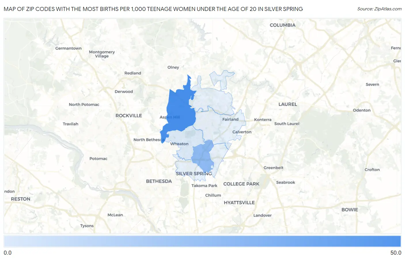Zip Codes with the Most Births per 1,000 Teenage Women Under the Age of 20 in Silver Spring Map