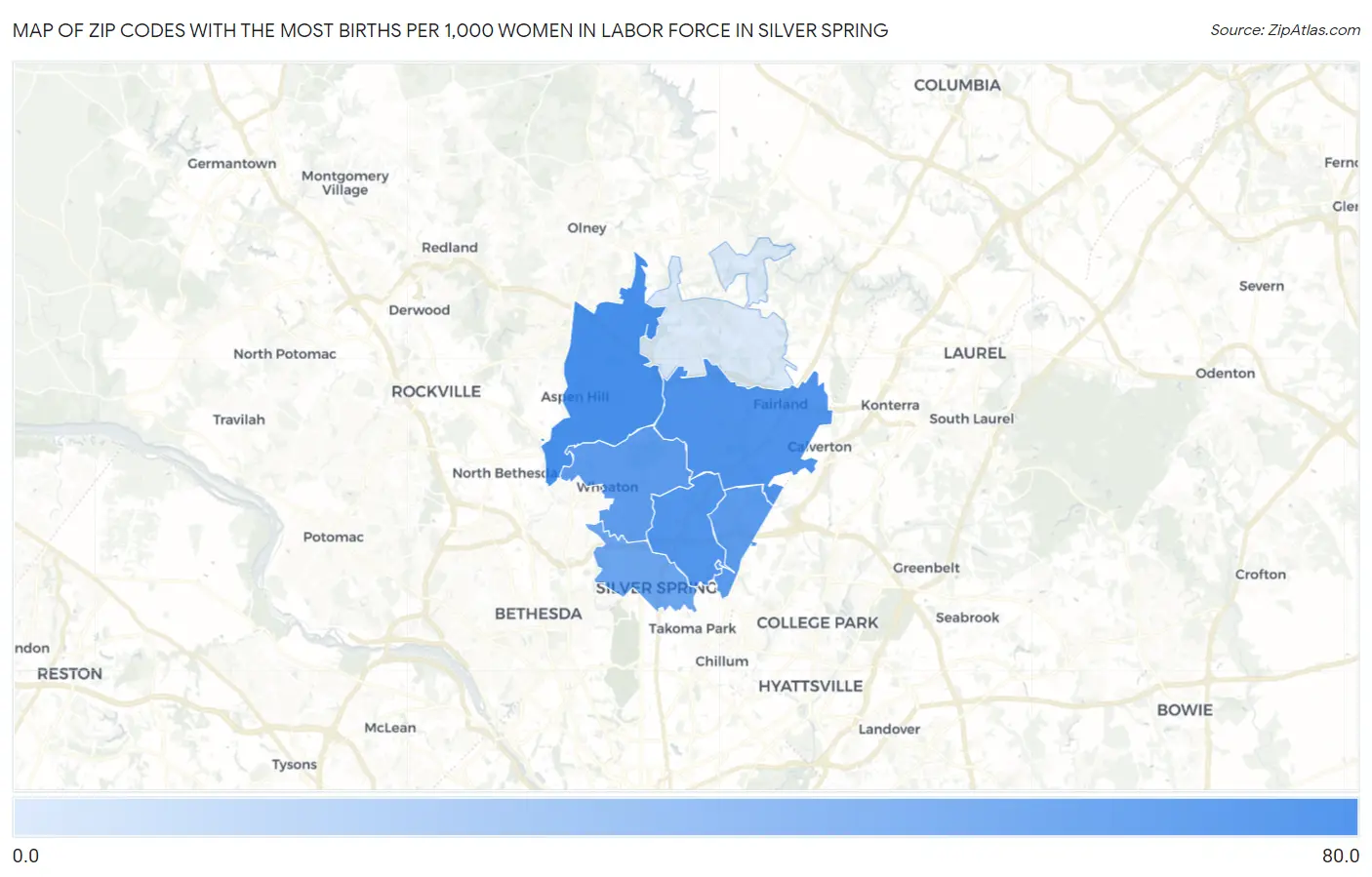 Zip Codes with the Most Births per 1,000 Women in Labor Force in Silver Spring Map
