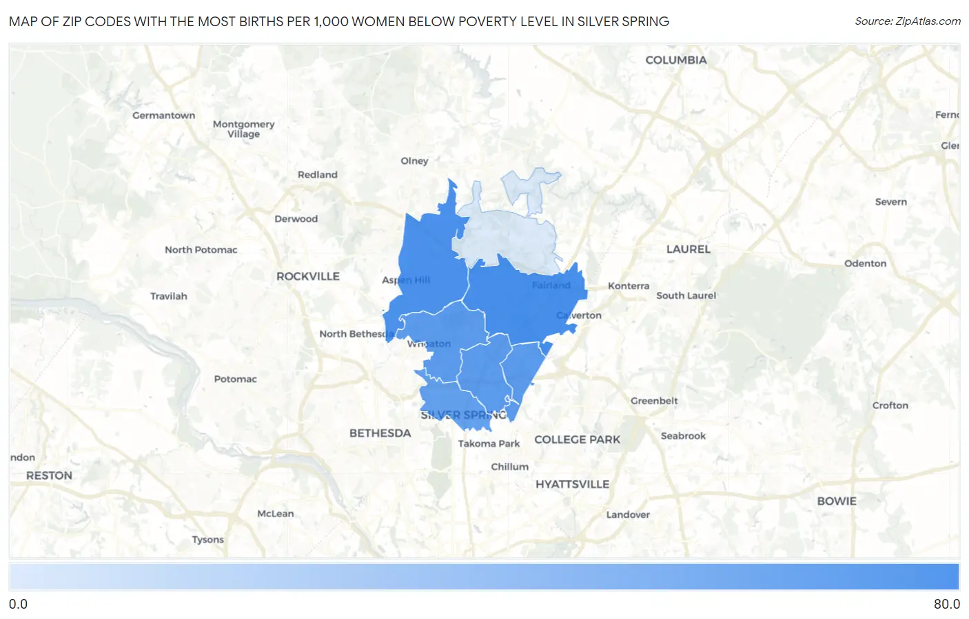 Zip Codes with the Most Births per 1,000 Women Below Poverty Level in Silver Spring Map