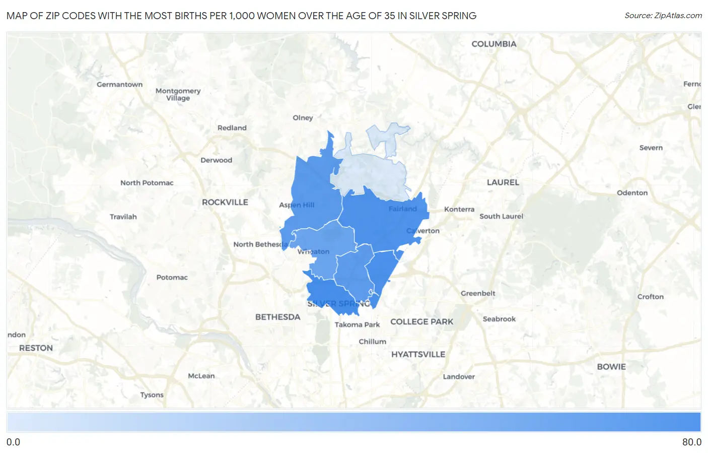 Zip Codes with the Most Births per 1,000 Women Over the Age of 35 in Silver Spring Map