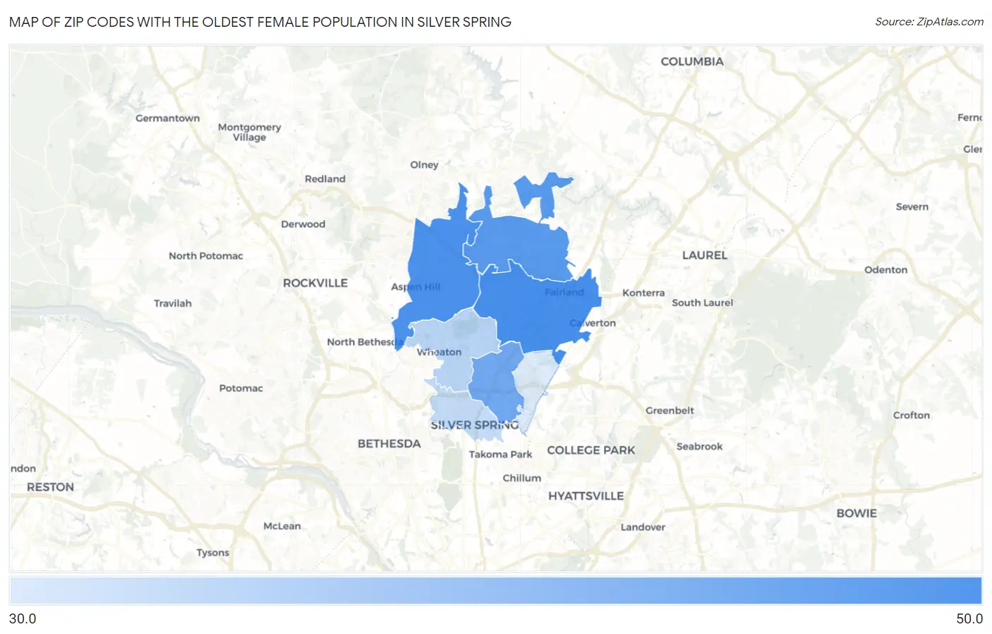 Zip Codes with the Oldest Female Population in Silver Spring Map