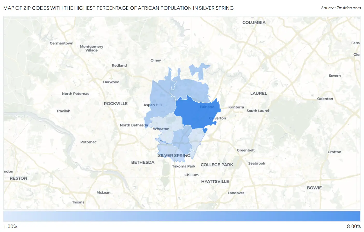 Zip Codes with the Highest Percentage of African Population in Silver Spring Map