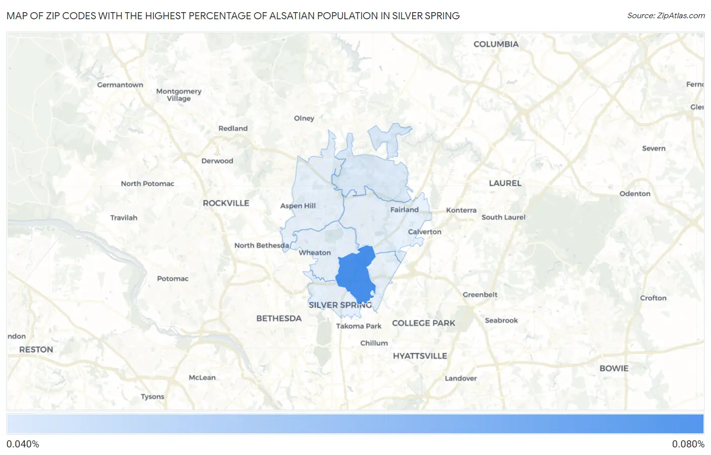 Zip Codes with the Highest Percentage of Alsatian Population in Silver Spring Map