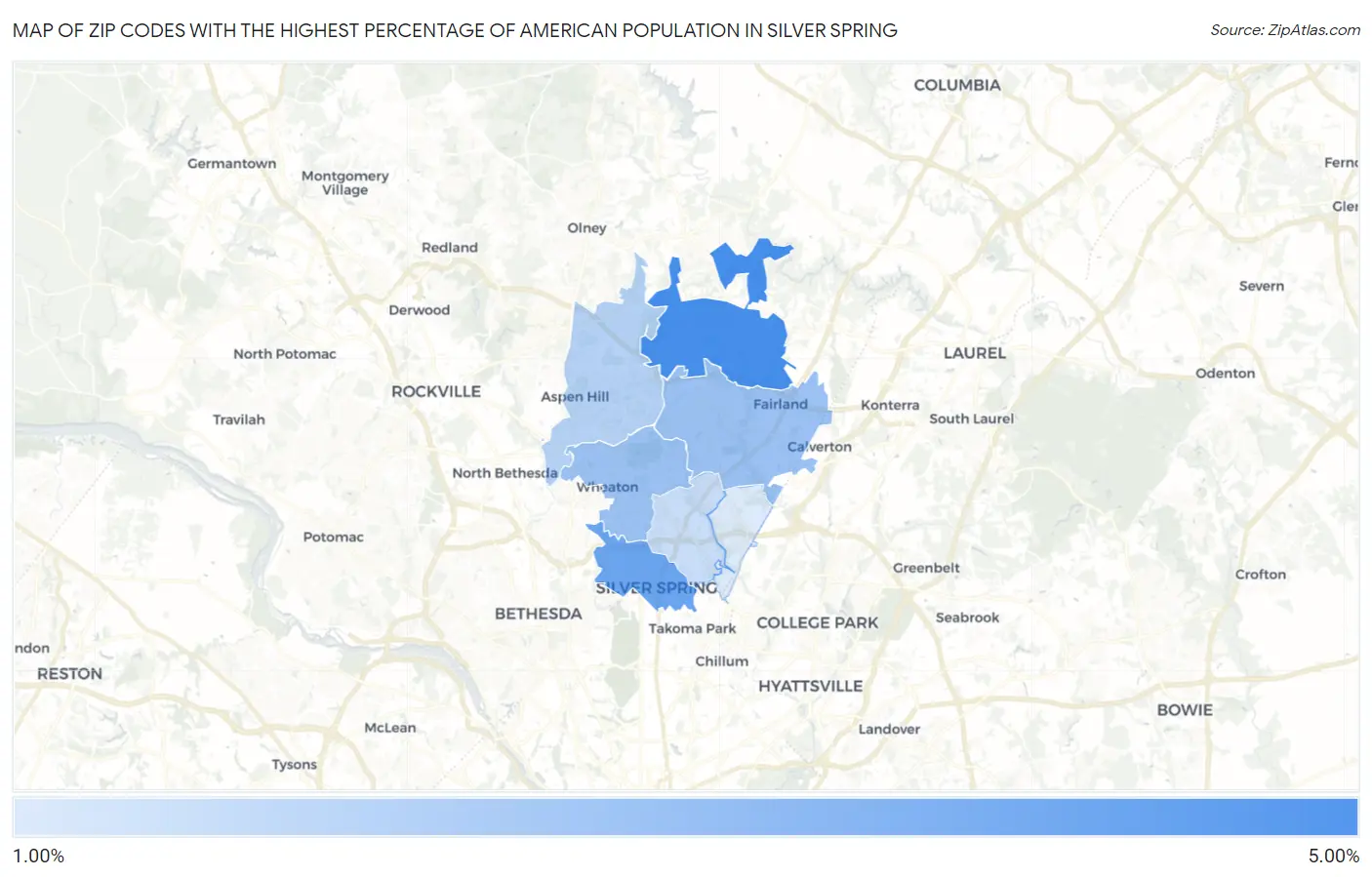 Zip Codes with the Highest Percentage of American Population in Silver Spring Map
