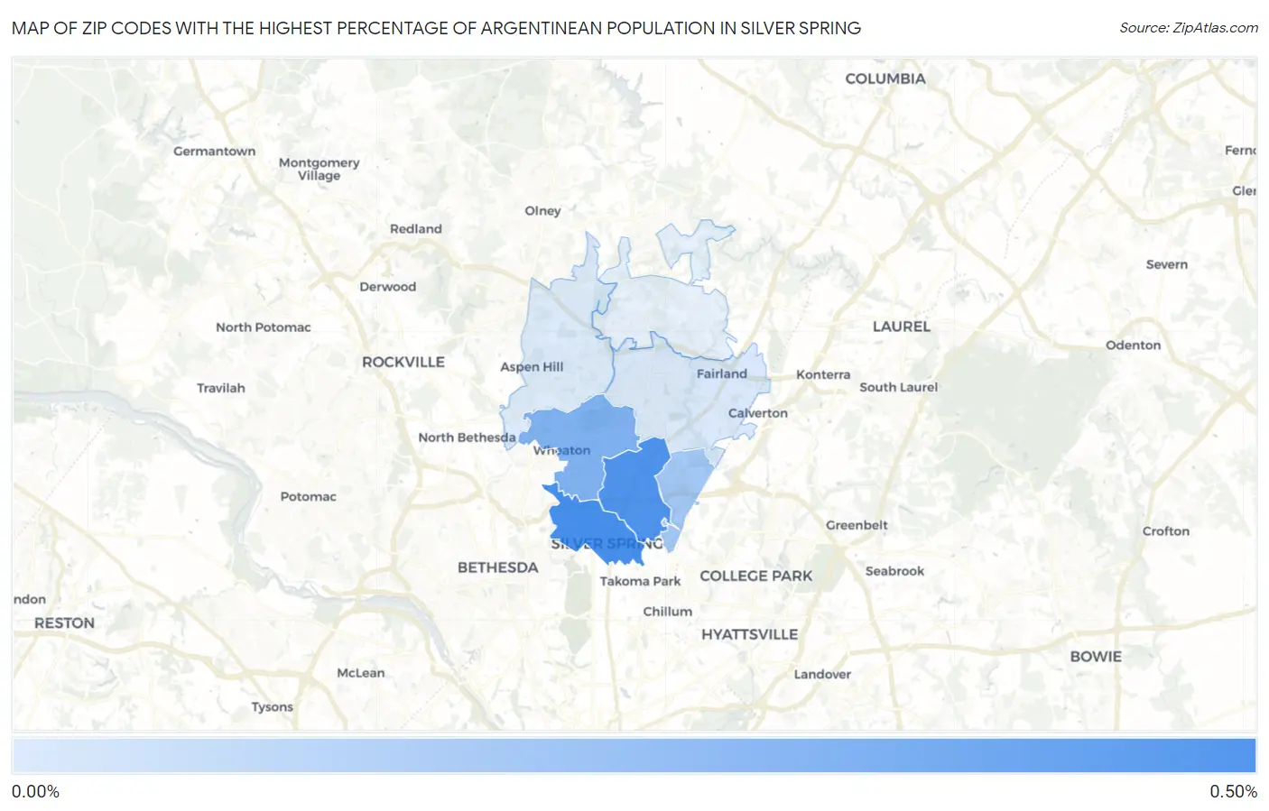 Zip Codes with the Highest Percentage of Argentinean Population in Silver Spring Map