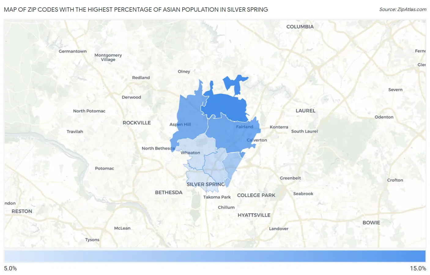 Zip Codes with the Highest Percentage of Asian Population in Silver Spring Map