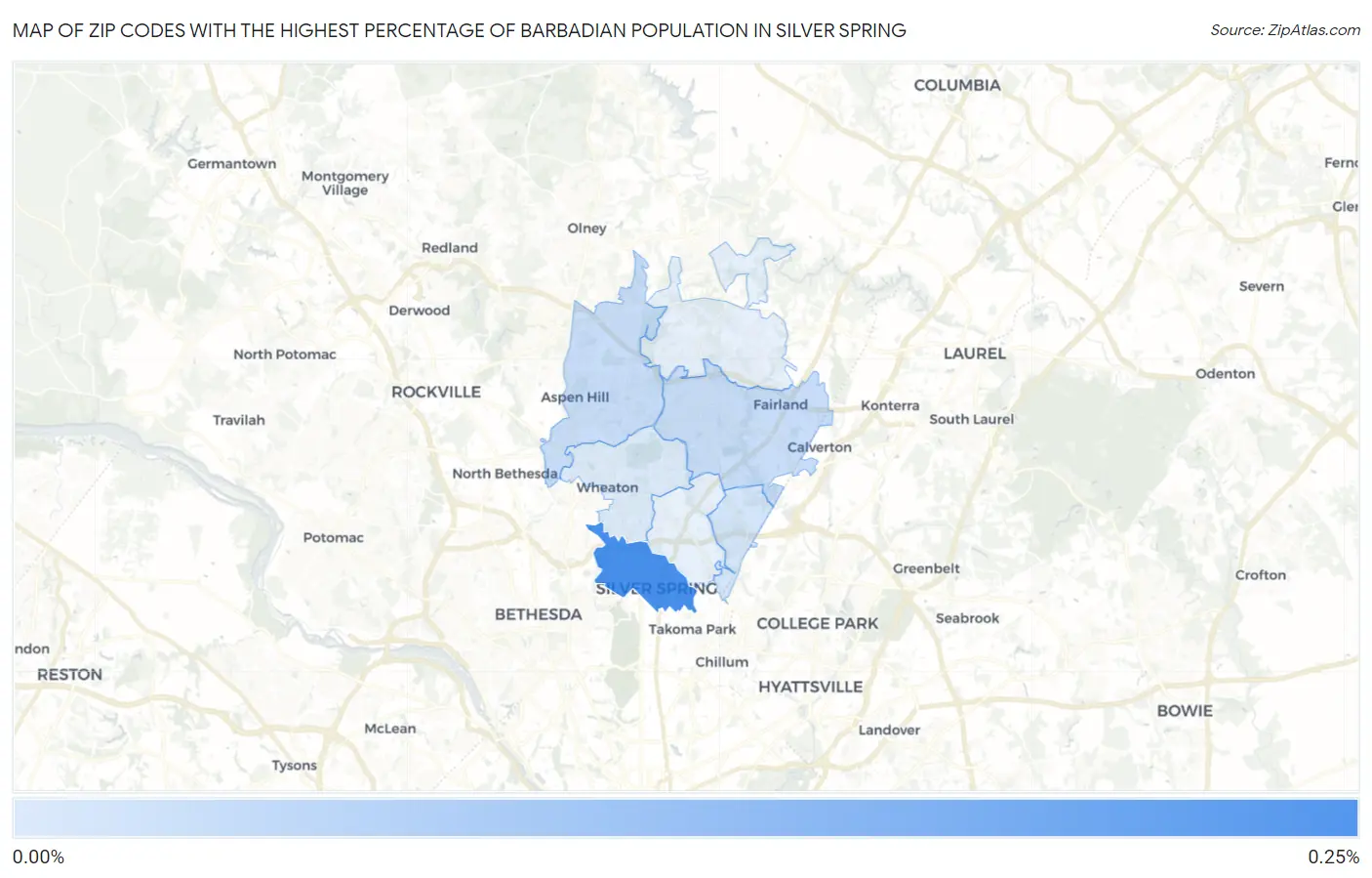 Zip Codes with the Highest Percentage of Barbadian Population in Silver Spring Map