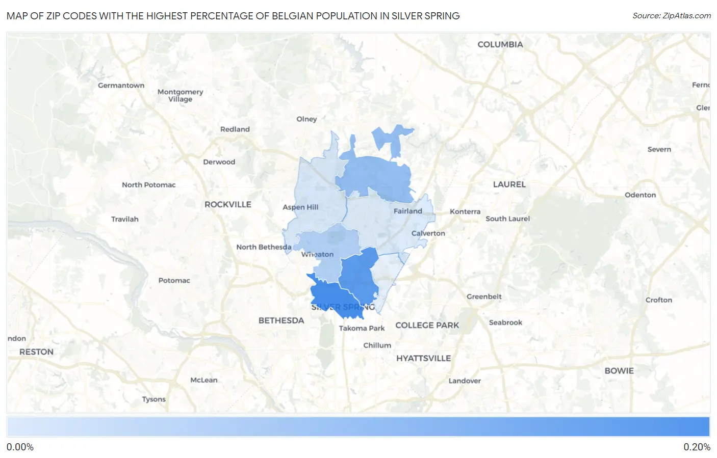 Zip Codes with the Highest Percentage of Belgian Population in Silver Spring Map