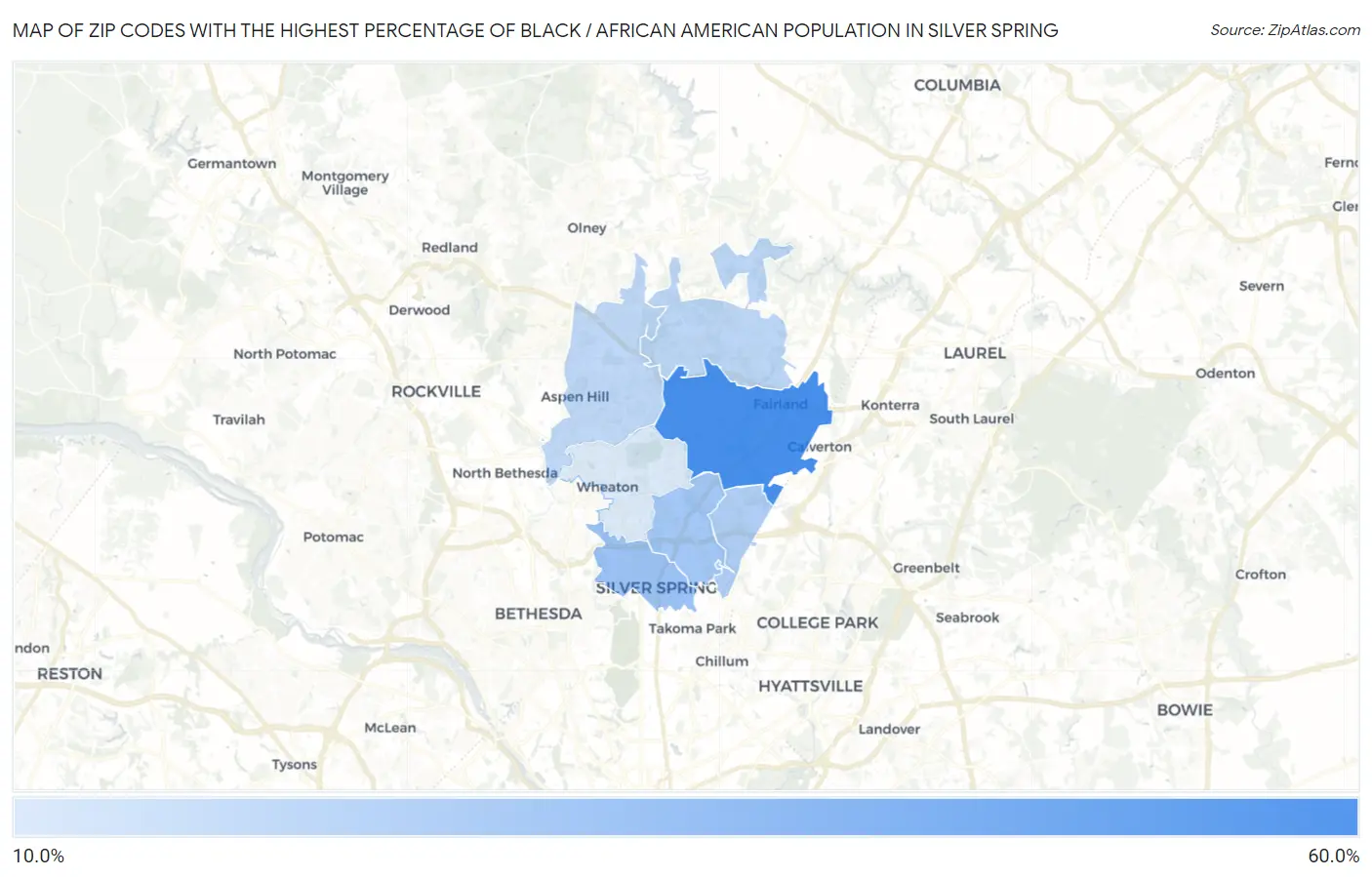 Zip Codes with the Highest Percentage of Black / African American Population in Silver Spring Map