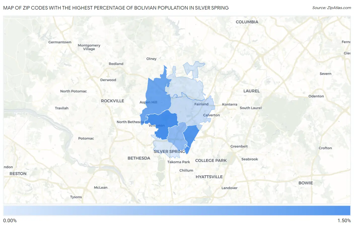 Zip Codes with the Highest Percentage of Bolivian Population in Silver Spring Map