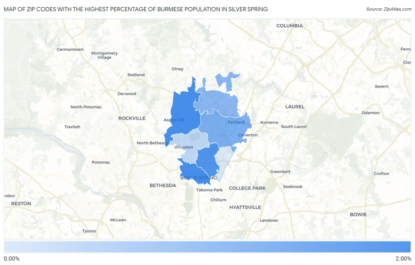 Zip Codes with the Highest Percentage of Burmese Population in Silver Spring Map