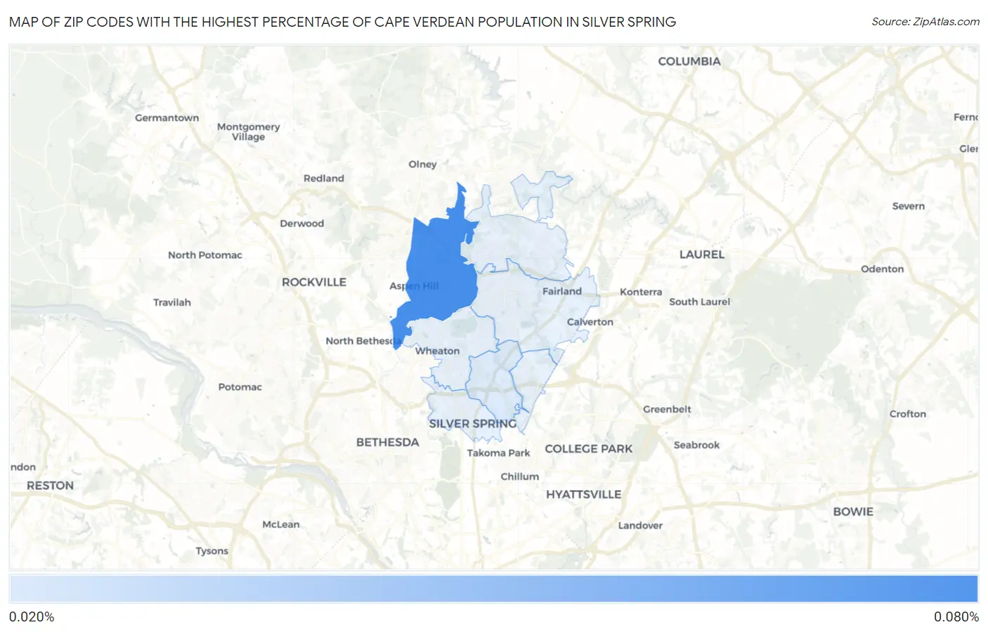 Zip Codes with the Highest Percentage of Cape Verdean Population in Silver Spring Map