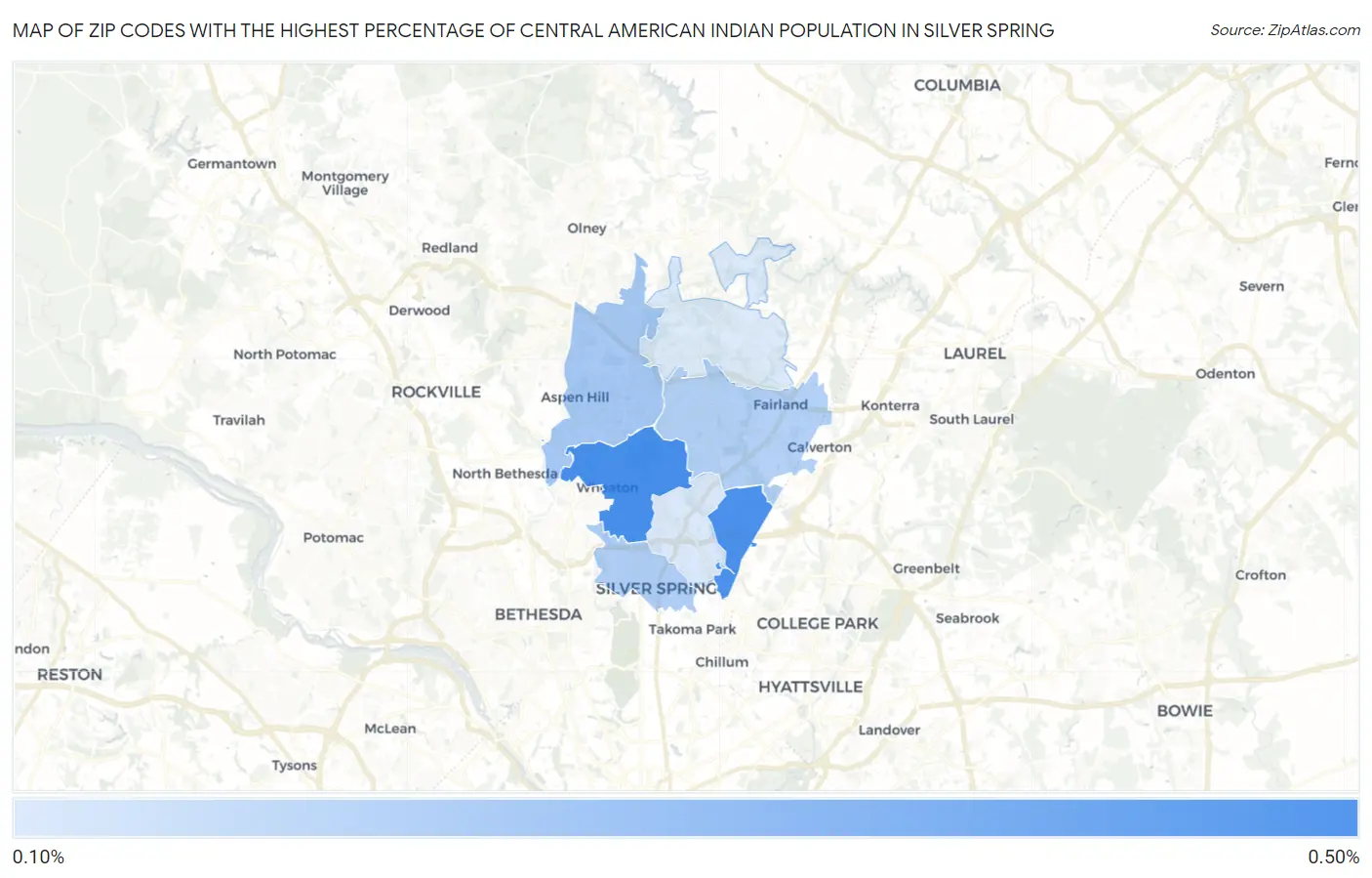 Zip Codes with the Highest Percentage of Central American Indian Population in Silver Spring Map