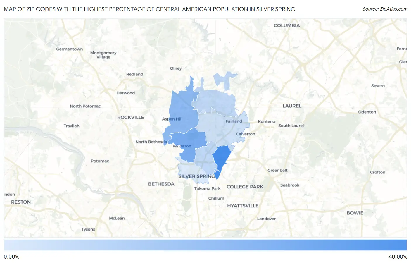 Zip Codes with the Highest Percentage of Central American Population in Silver Spring Map