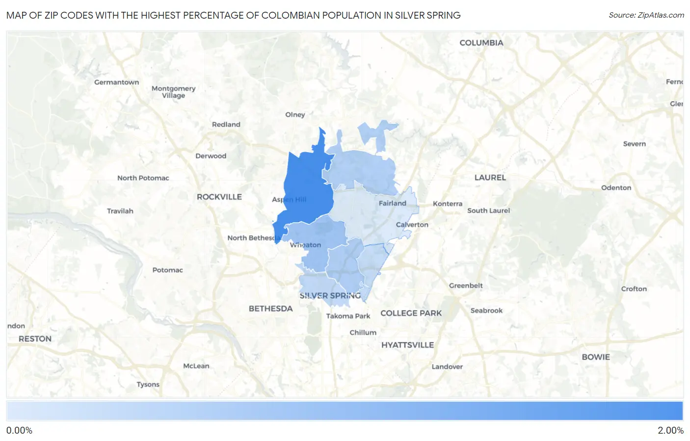 Zip Codes with the Highest Percentage of Colombian Population in Silver Spring Map