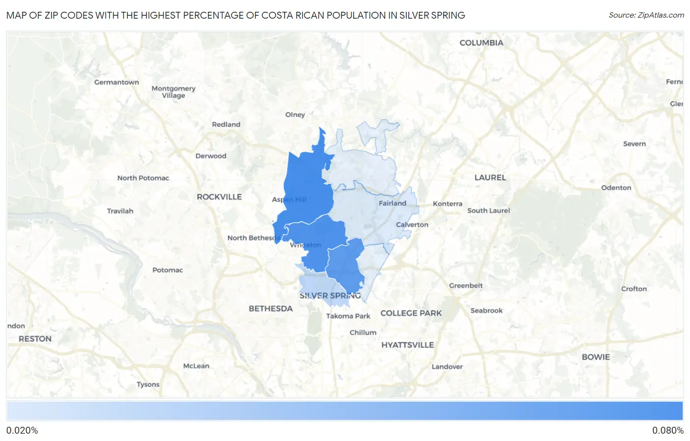 Zip Codes with the Highest Percentage of Costa Rican Population in Silver Spring Map