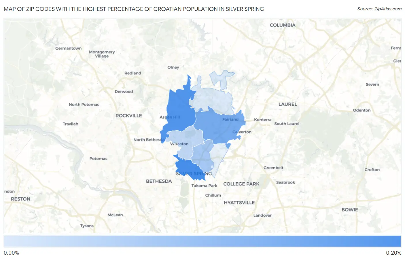 Zip Codes with the Highest Percentage of Croatian Population in Silver Spring Map