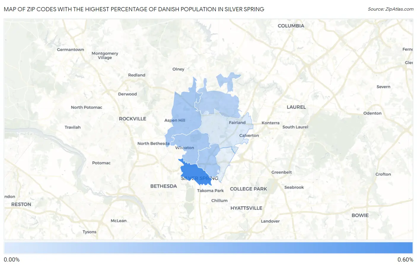 Zip Codes with the Highest Percentage of Danish Population in Silver Spring Map