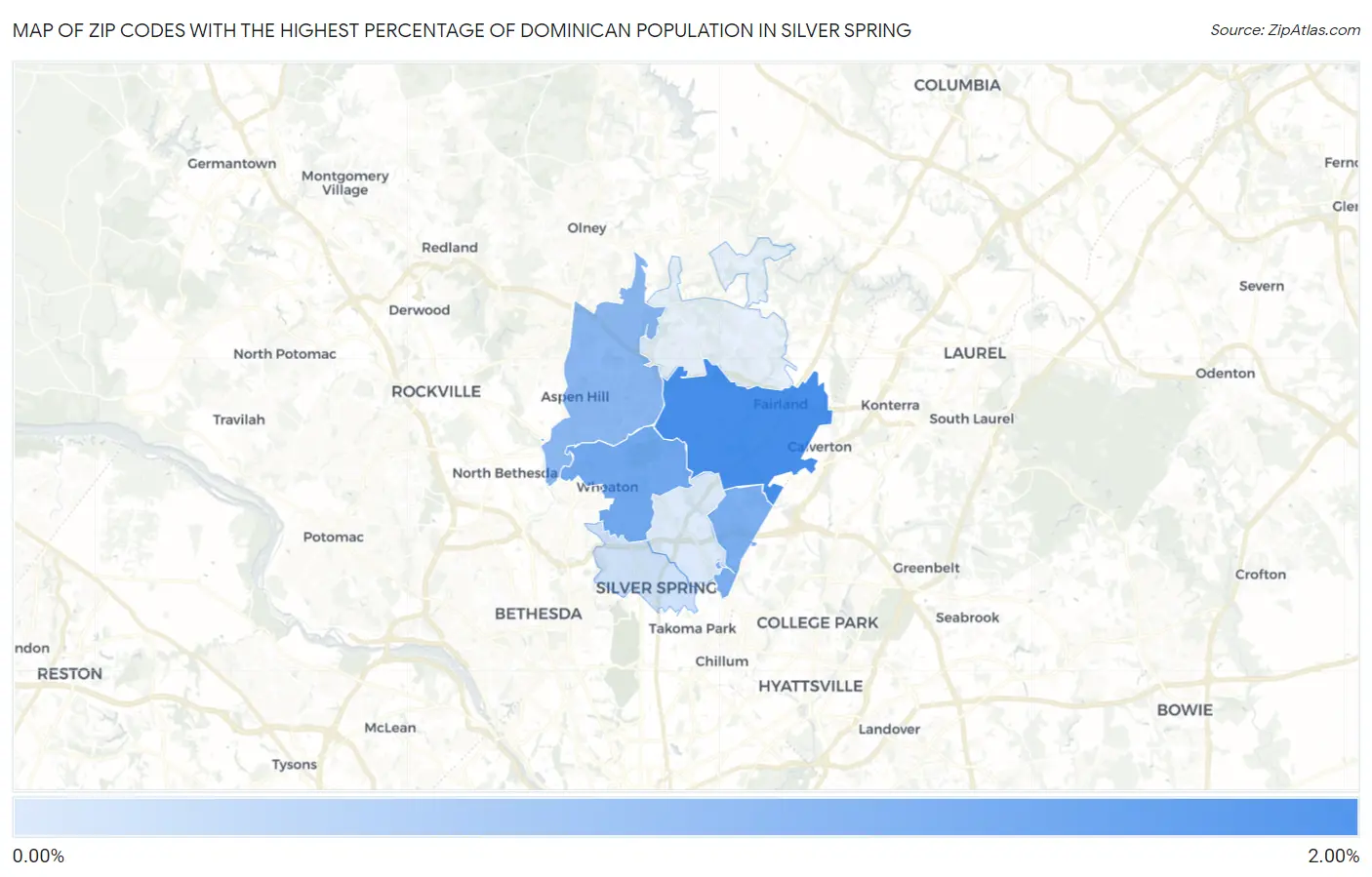 Zip Codes with the Highest Percentage of Dominican Population in Silver Spring Map