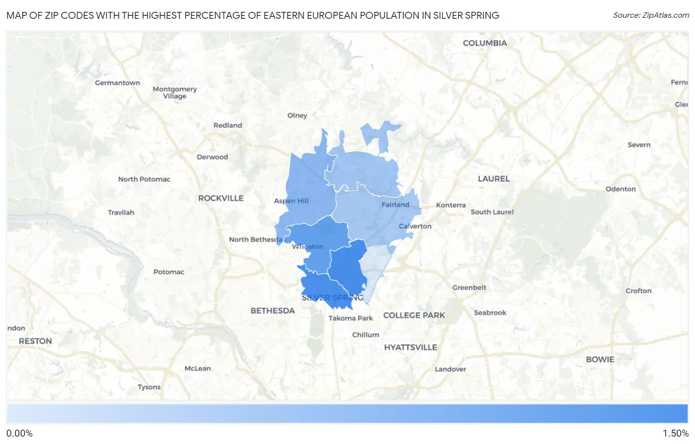 Zip Codes with the Highest Percentage of Eastern European Population in Silver Spring Map