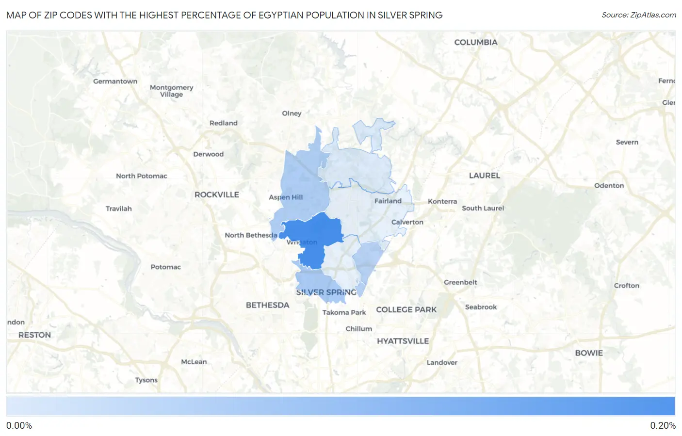 Zip Codes with the Highest Percentage of Egyptian Population in Silver Spring Map