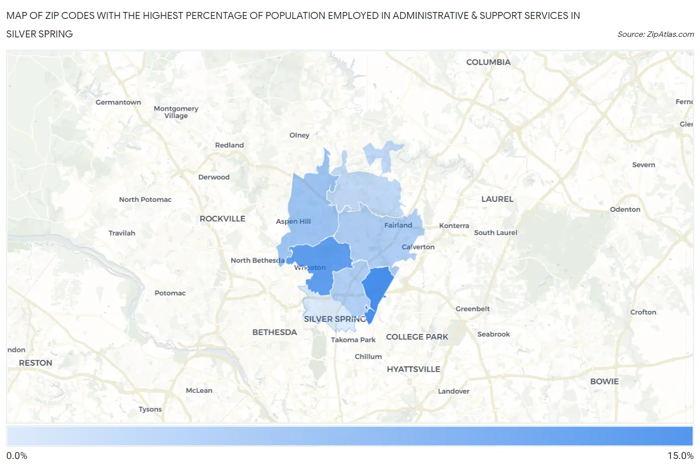 Zip Codes with the Highest Percentage of Population Employed in Administrative & Support Services in Silver Spring Map
