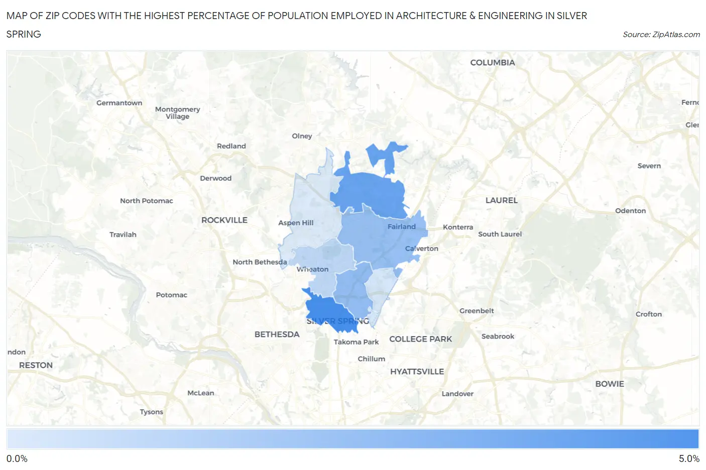 Zip Codes with the Highest Percentage of Population Employed in Architecture & Engineering in Silver Spring Map