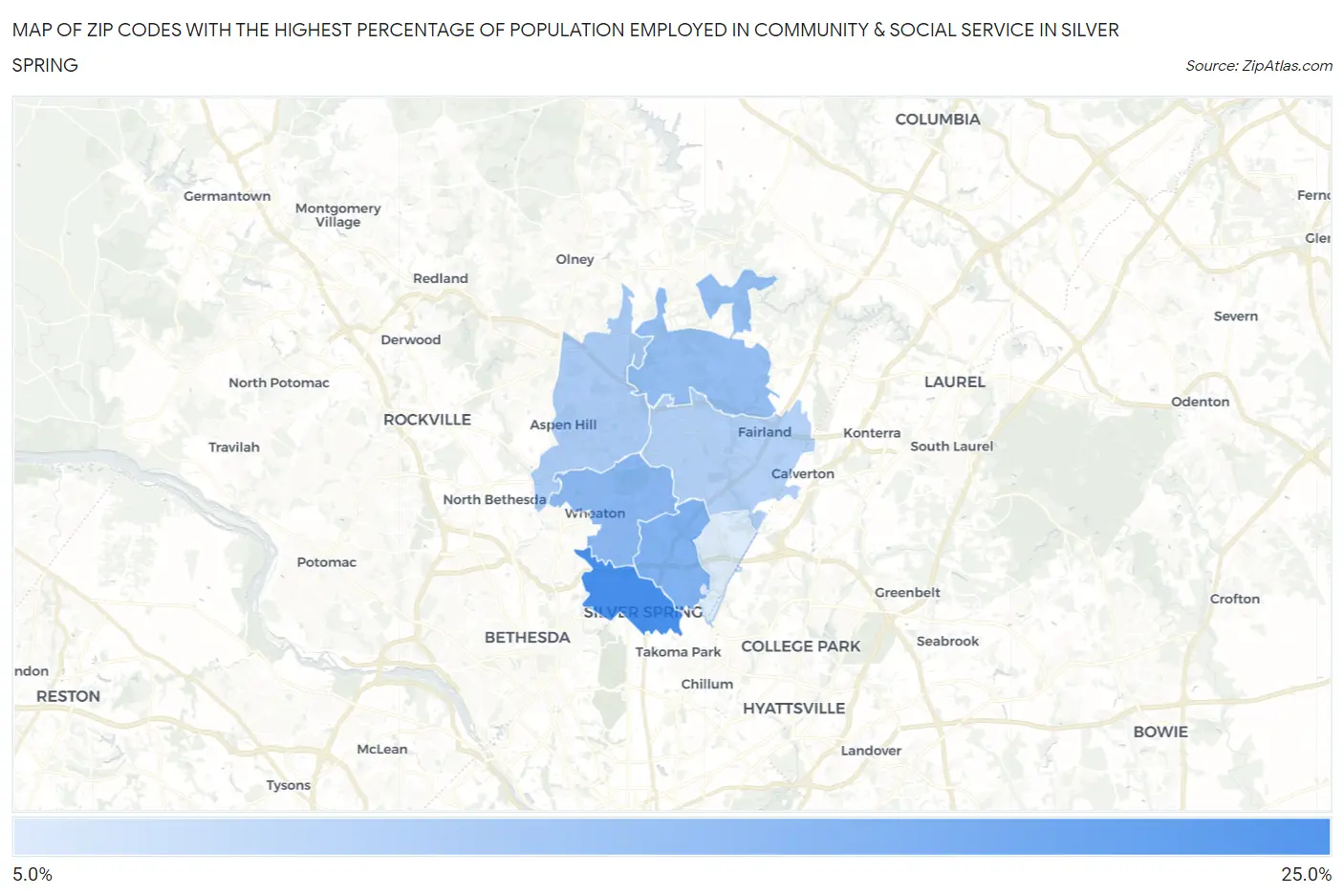 Zip Codes with the Highest Percentage of Population Employed in Community & Social Service  in Silver Spring Map