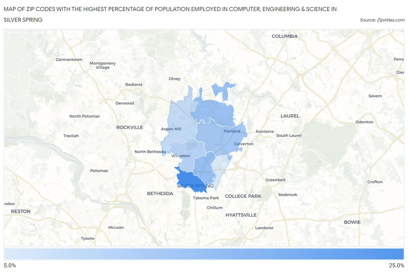 Zip Codes with the Highest Percentage of Population Employed in Computer, Engineering & Science in Silver Spring Map