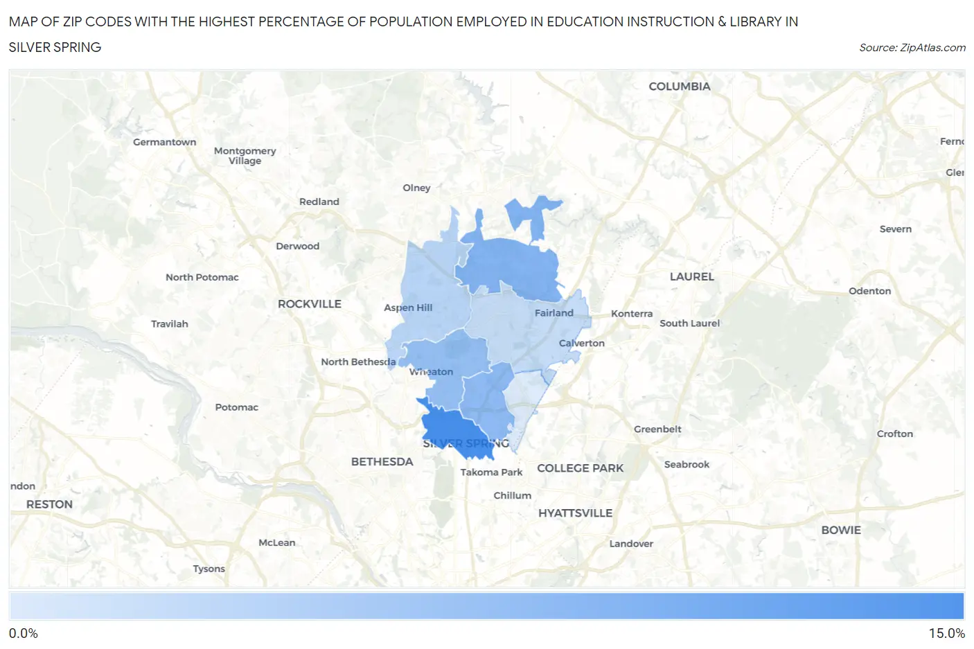 Zip Codes with the Highest Percentage of Population Employed in Education Instruction & Library in Silver Spring Map