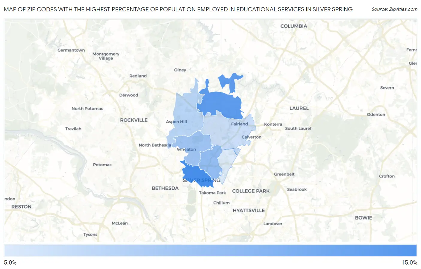 Zip Codes with the Highest Percentage of Population Employed in Educational Services in Silver Spring Map