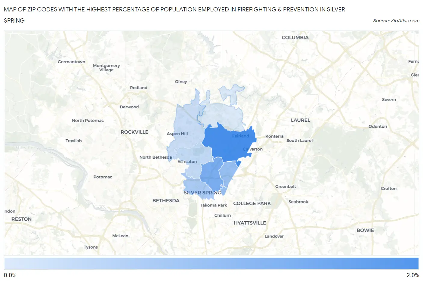Zip Codes with the Highest Percentage of Population Employed in Firefighting & Prevention in Silver Spring Map