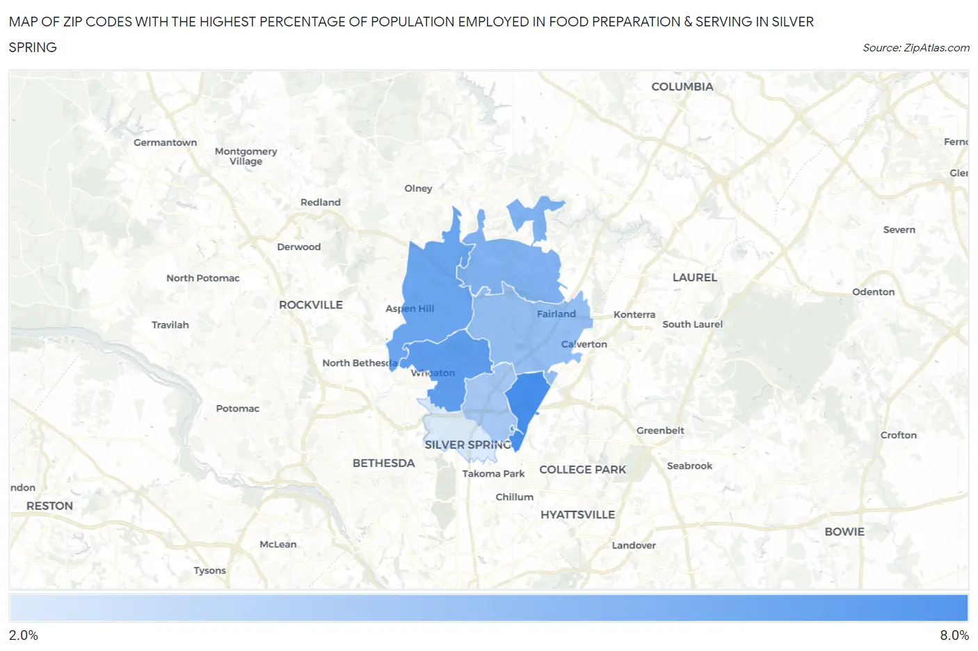 Zip Codes with the Highest Percentage of Population Employed in Food Preparation & Serving in Silver Spring Map