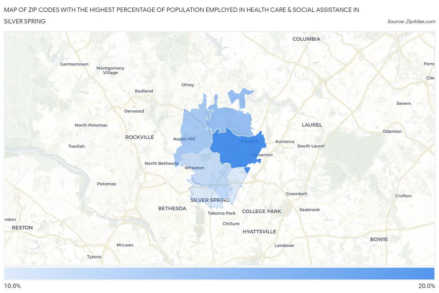 Zip Codes with the Highest Percentage of Population Employed in Health Care & Social Assistance in Silver Spring Map