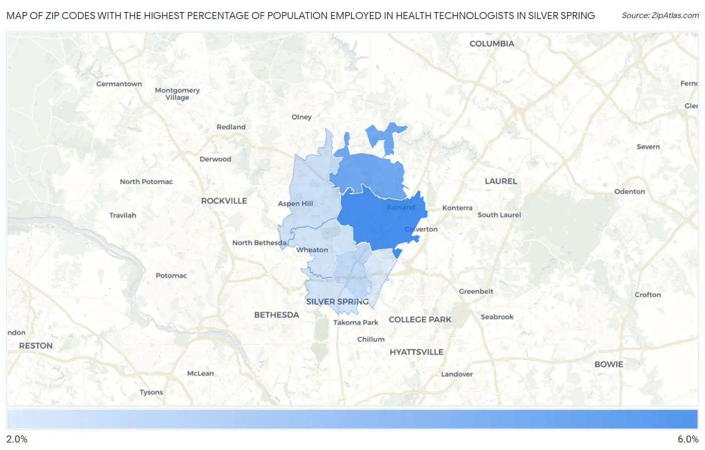 Zip Codes with the Highest Percentage of Population Employed in Health Technologists in Silver Spring Map