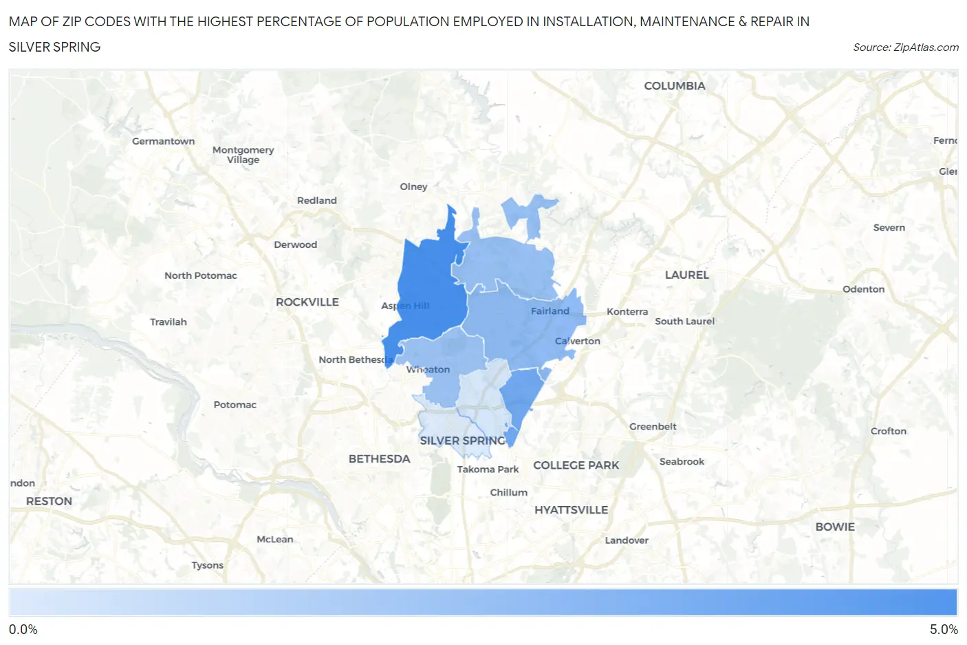 Zip Codes with the Highest Percentage of Population Employed in Installation, Maintenance & Repair in Silver Spring Map