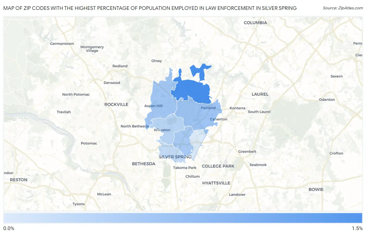 Zip Codes with the Highest Percentage of Population Employed in Law Enforcement in Silver Spring Map