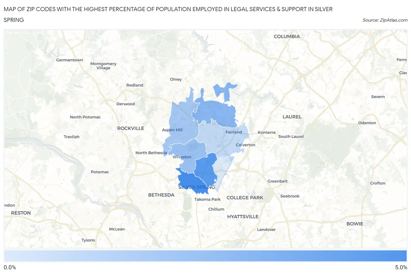 Zip Codes with the Highest Percentage of Population Employed in Legal Services & Support in Silver Spring Map