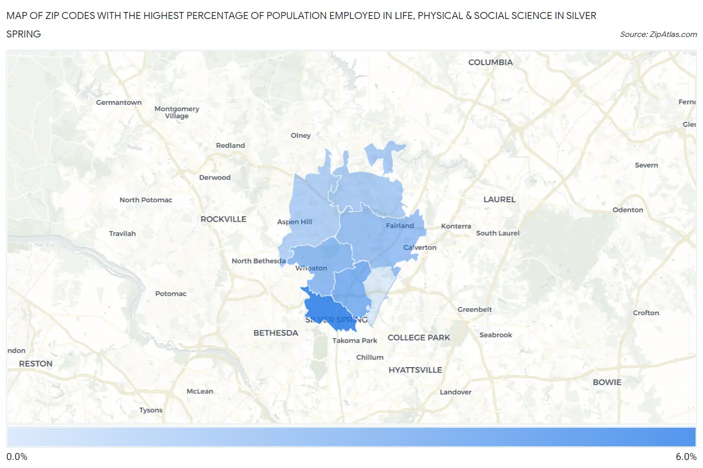 Zip Codes with the Highest Percentage of Population Employed in Life, Physical & Social Science in Silver Spring Map
