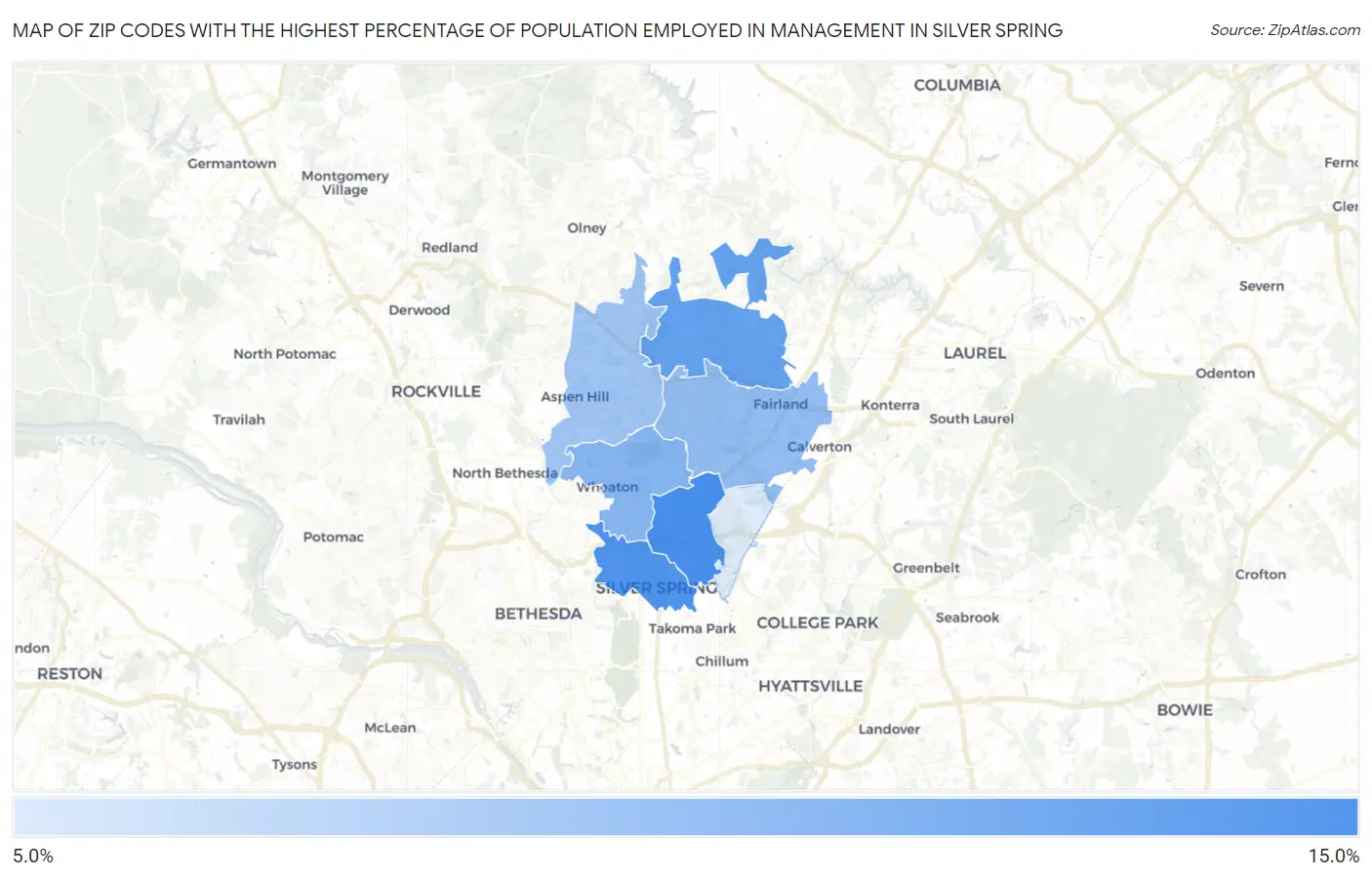 Zip Codes with the Highest Percentage of Population Employed in Management in Silver Spring Map