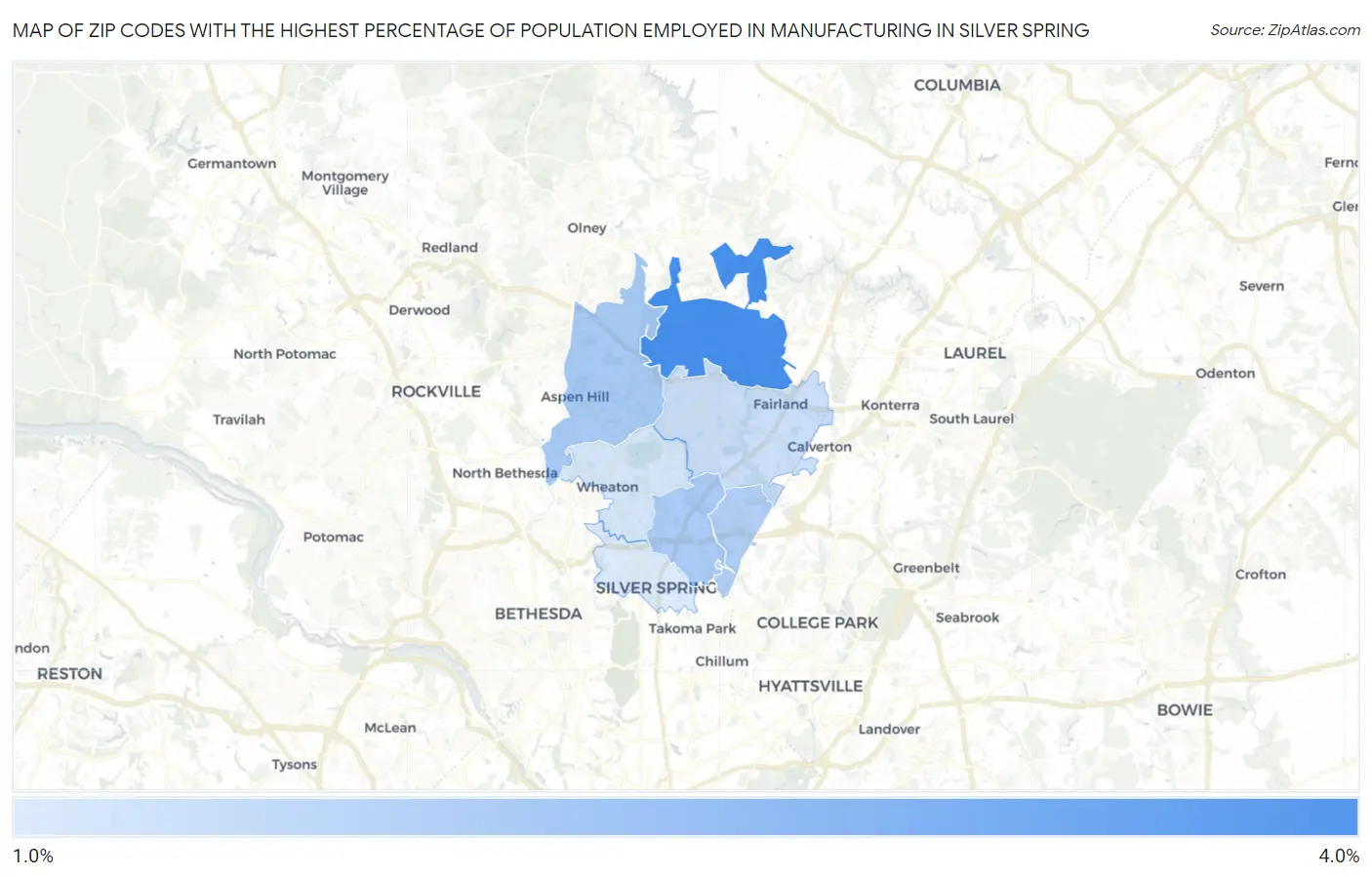 Zip Codes with the Highest Percentage of Population Employed in Manufacturing in Silver Spring Map
