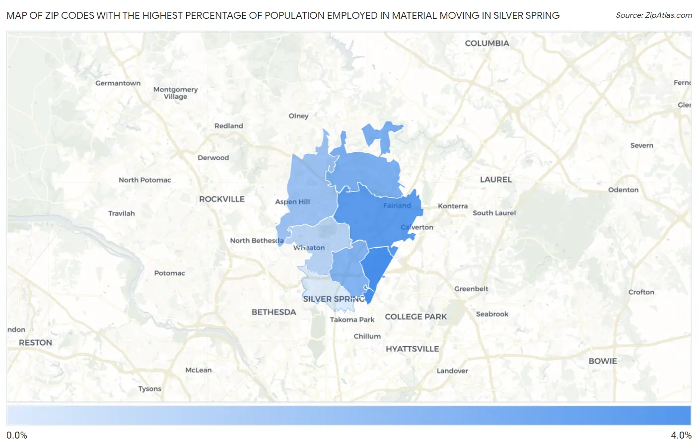 Zip Codes with the Highest Percentage of Population Employed in Material Moving in Silver Spring Map